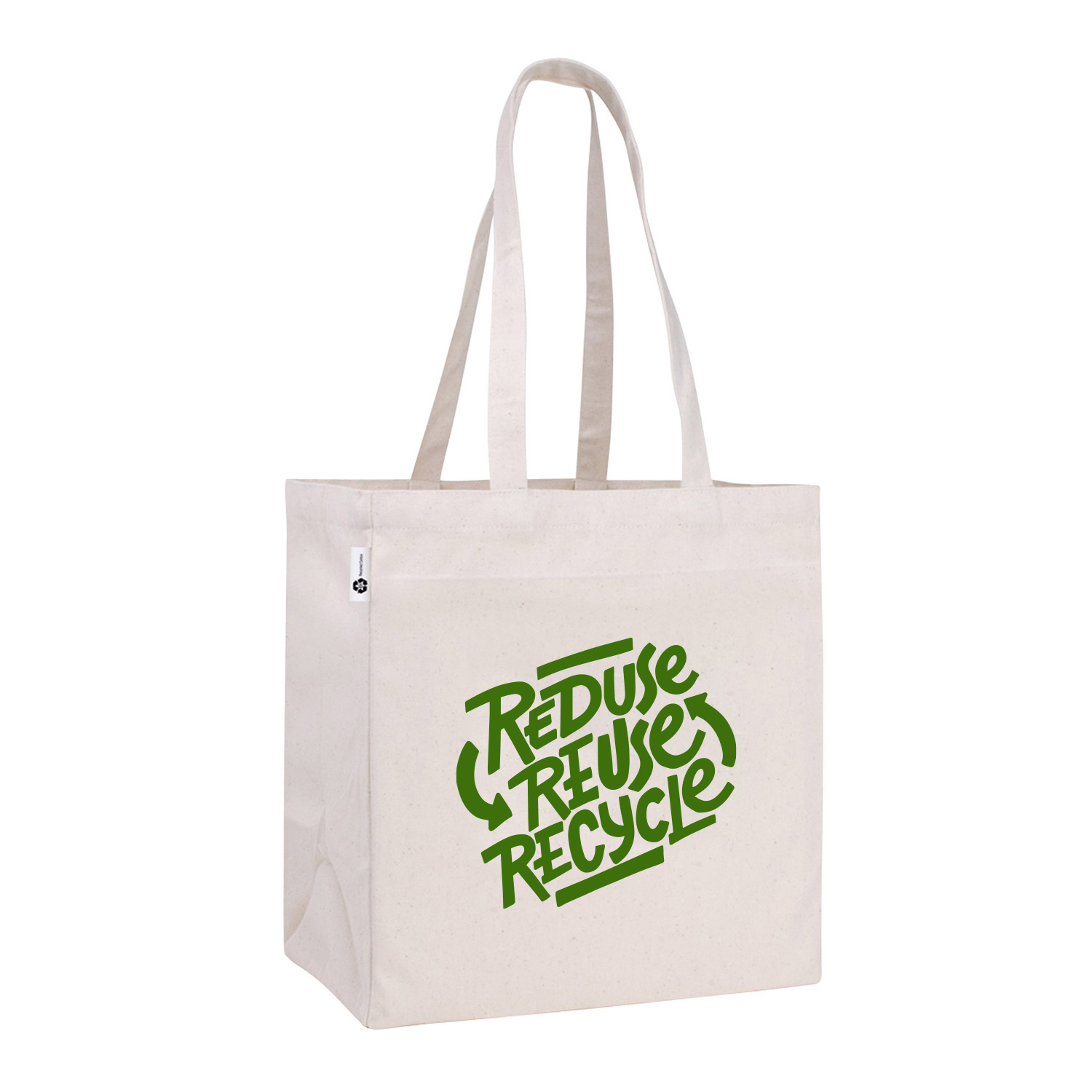 natural tote bag with reduce, reuse, and recycle