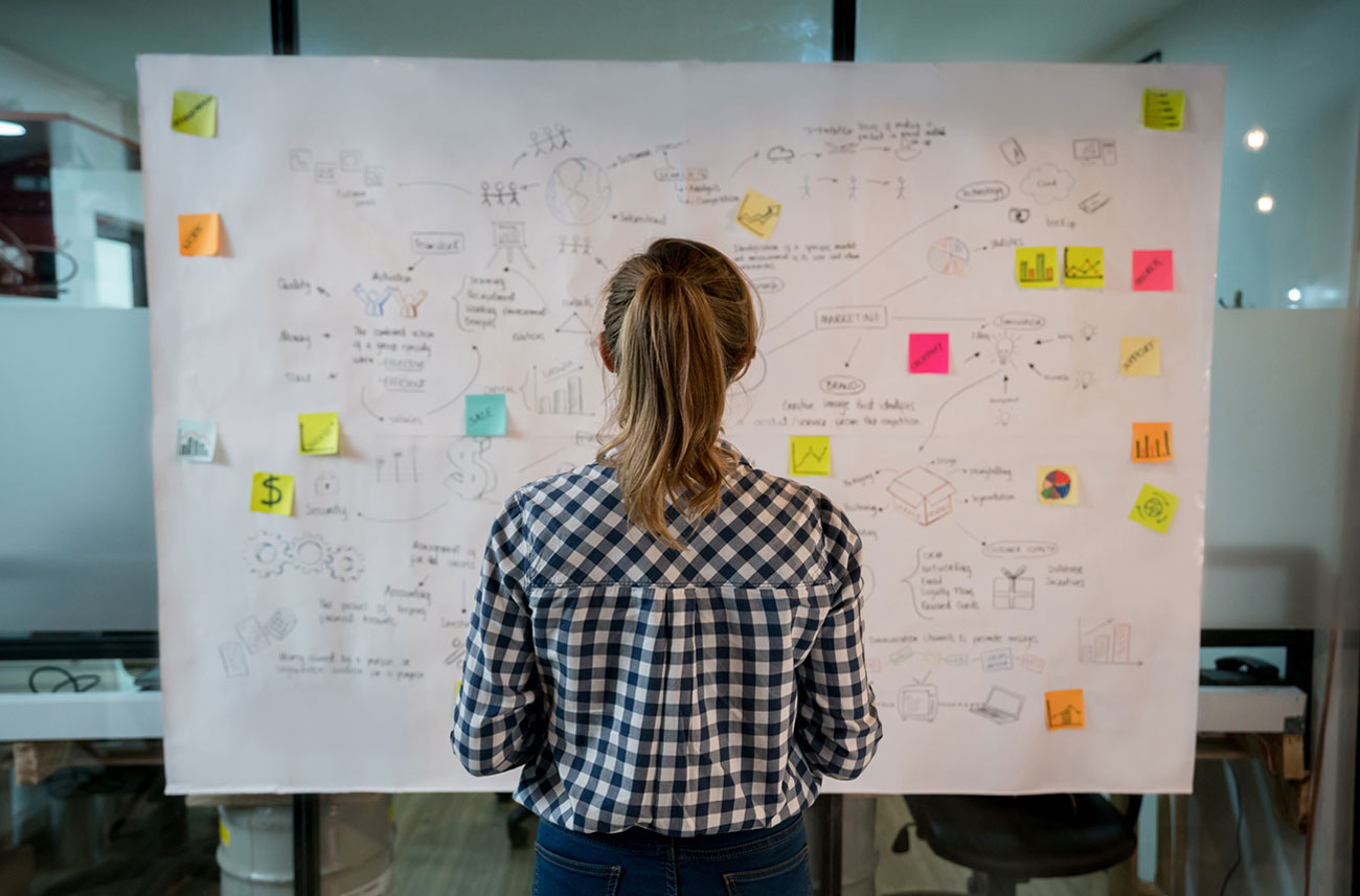 woman working at white board with post-it notes