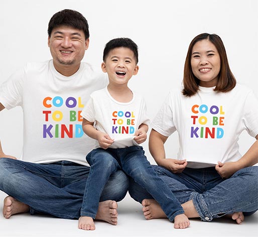 family wearing t-shirts with bullying prevention saying