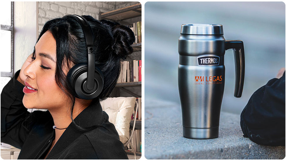 Skullcandy headphones and Thermos Mug