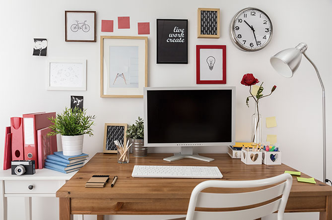 Trendy home desk with computer and accessories