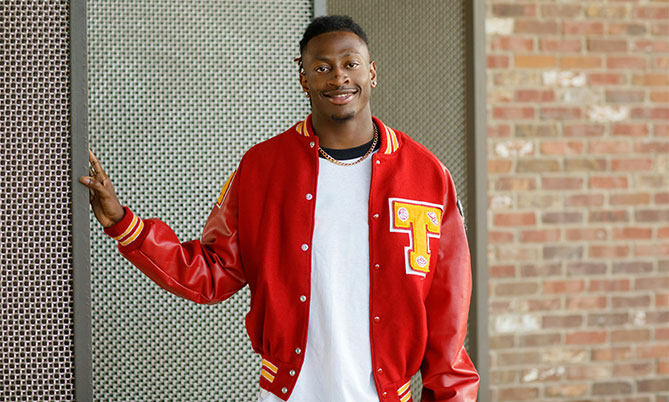 Student wearing letterman jacket