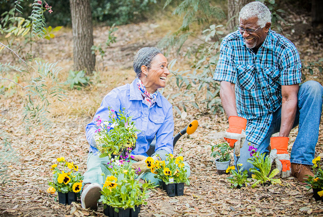 couple planting flowers