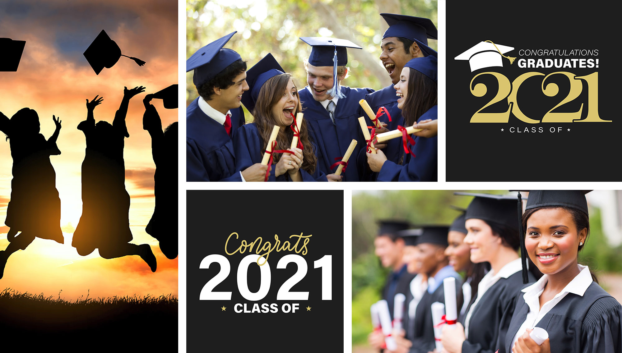 collage of graduation scenes and logos