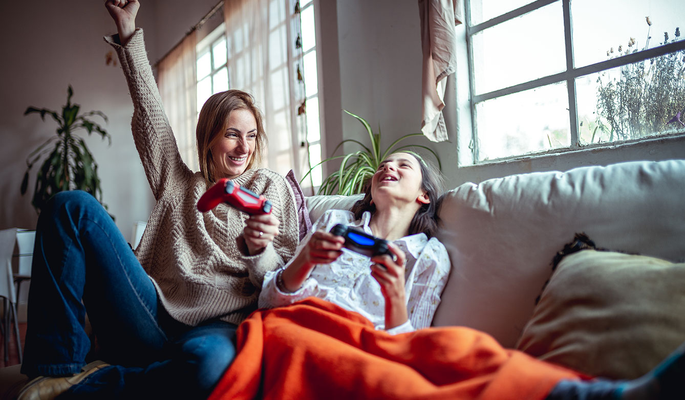 sisters playing a video game